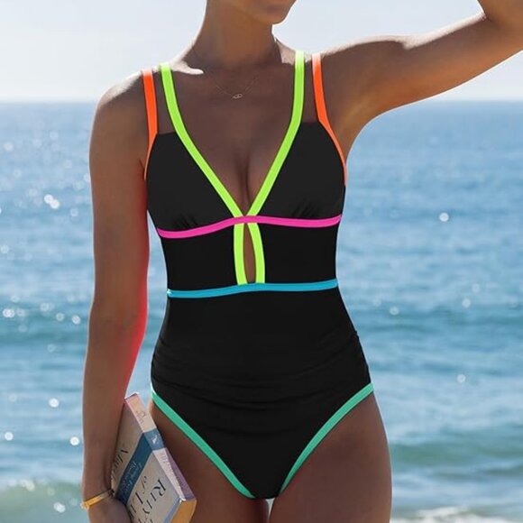Tummy Control Sexy Cutout Neon Color Block Bathing Suit - Picture 1 of 5